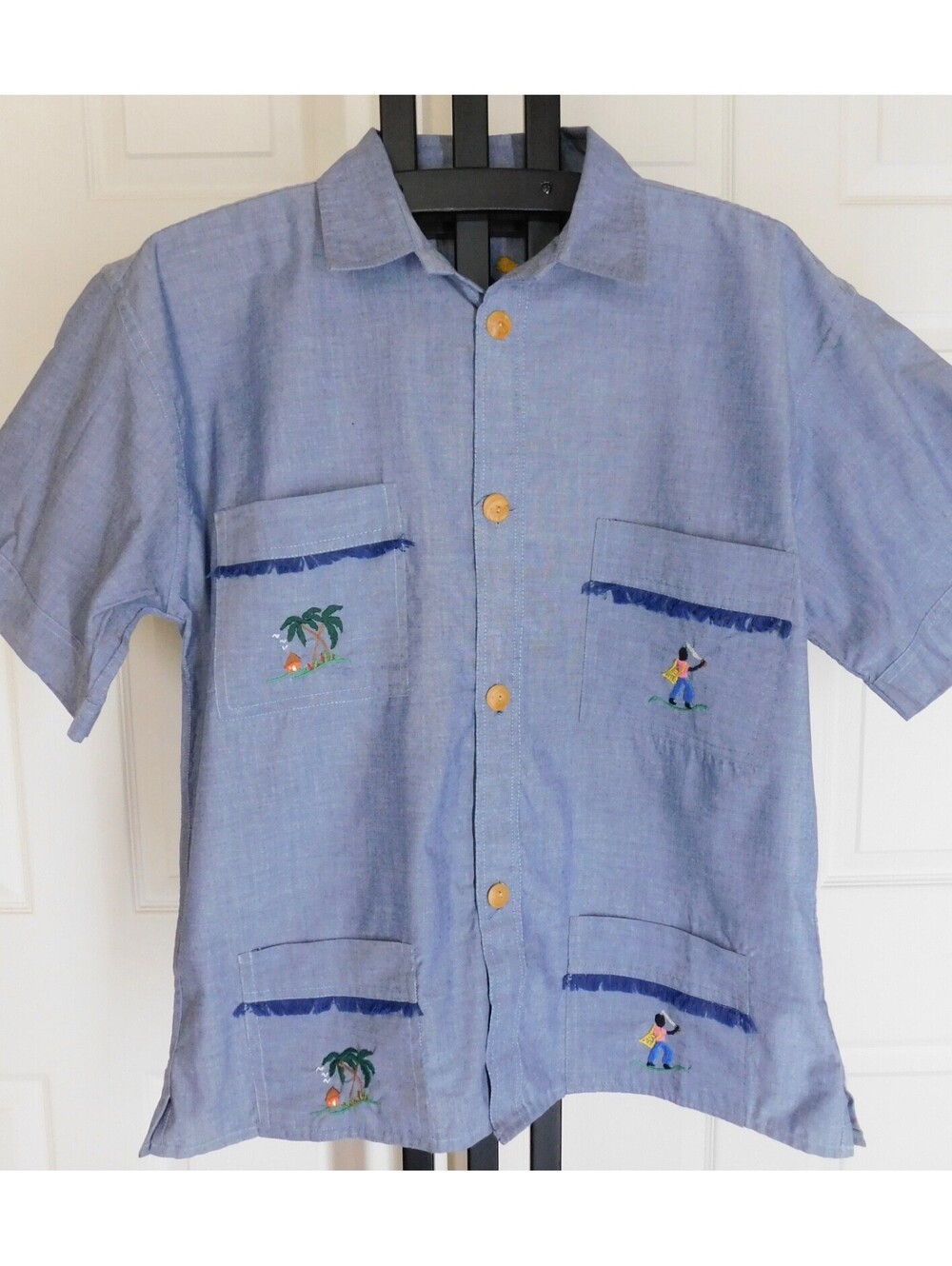 Vintage Haitian Hand Embroidered Chambray Shirt L Tropical Island Scene Folk Art